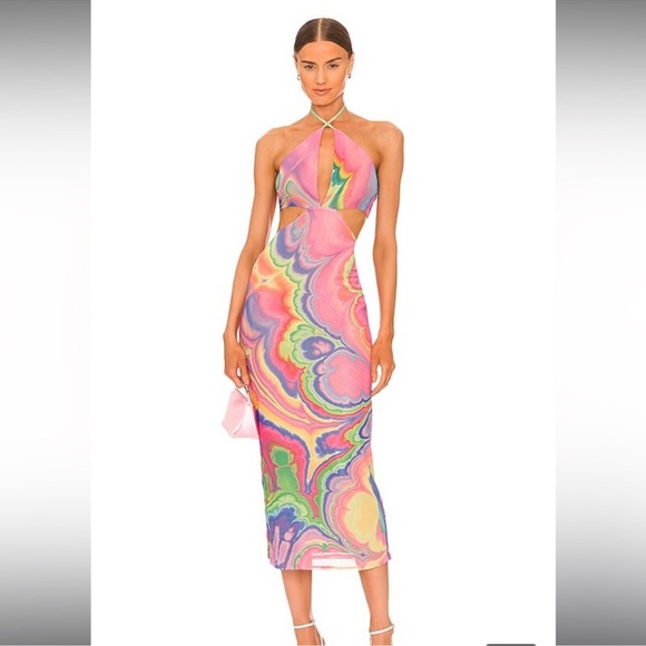 AFRM Dresses & Skirts - AFRM Tie-Dye Pink and Yellow Abstract Bodycon Halter Tessa Mesh Midi Dress Small